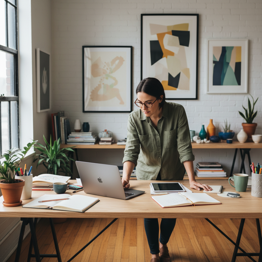 A professional designer working on a MacBook Pro in a stylish studio, focused expression, creative workspace background, soft natural light, no text