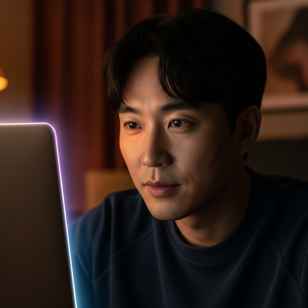 A person on a video call in a dimly lit room, their face illuminated by the subtle glow from a laptop screen's edge, showing the Edge Light feature. Lifestyle photography, warm lighting, colored background, Korean appearance, no text.
