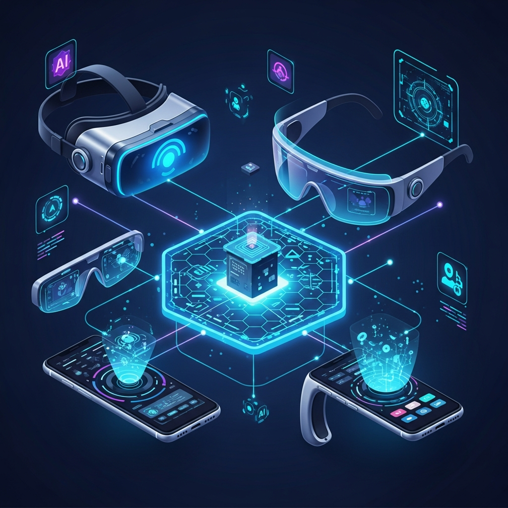 A vibrant, futuristic infographic depicting various hardware devices (VR headsets, smart glasses, futuristic phones) interacting within a metaverse environment. The design emphasizes seamless user experience and AI integration. Style: clean infographic, modern layout, high contrast. No visible text.