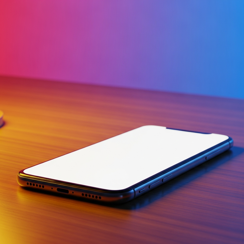 A sleek modern smartphone concept resting on a wooden desk, warm ambient lighting, lifestyle photography, high contrast, colored background, no text