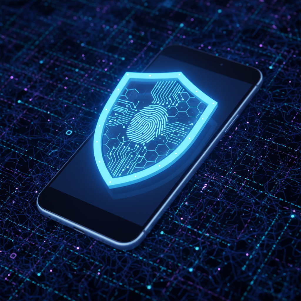 A digital shield symbol integrated with a modern smartphone, high-tech security concept, glowing blue aesthetics, rich textured background, no text