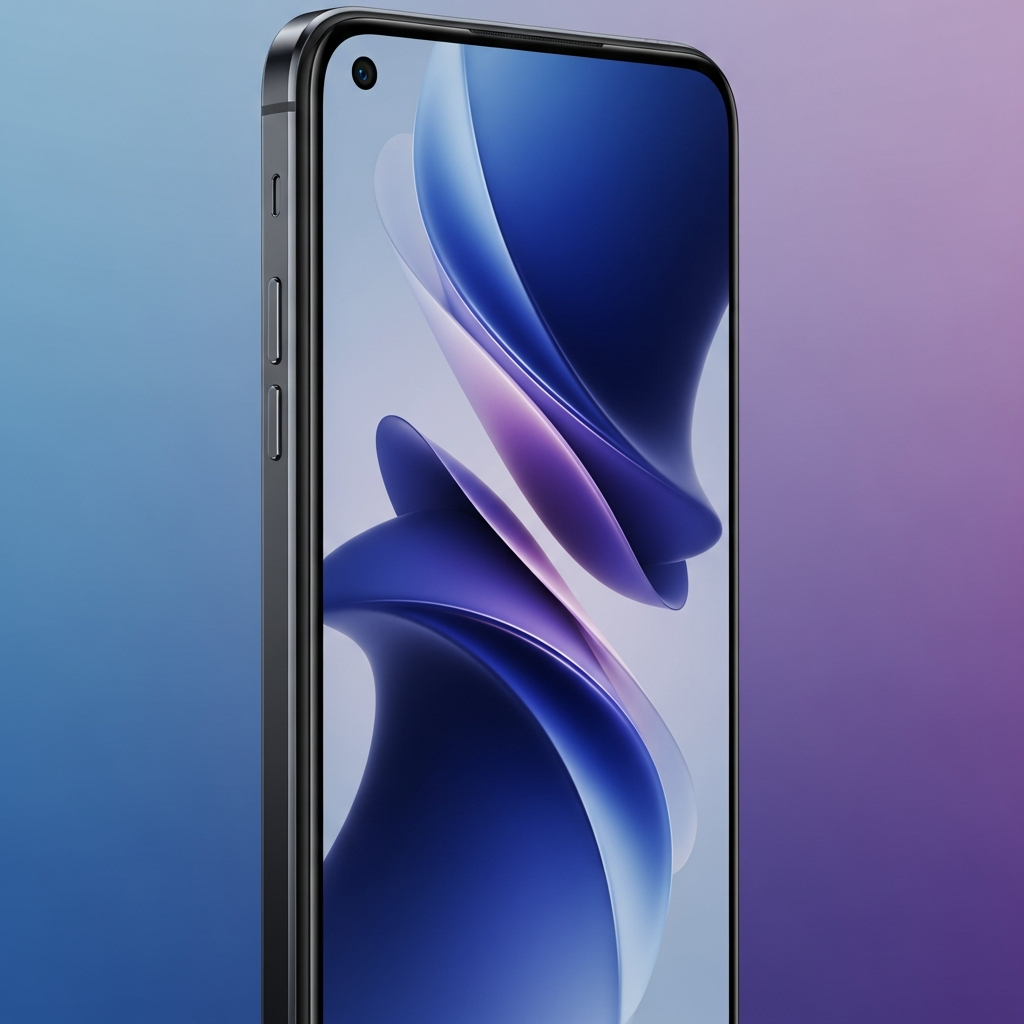A sleek modern smartphone with a single small punch-hole camera located in the upper-left corner of the display, edge-to-edge screen, high-tech aesthetic, soft studio lighting, gradient blue and purple background, no text