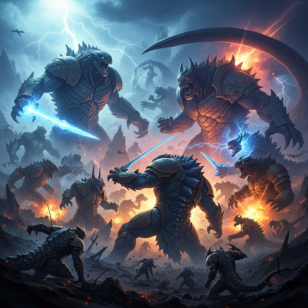 Artistic rendering of various giant monsters (Titans) in an epic battle scene, dynamic composition, vibrant but dark color palette, deep textured background, no text