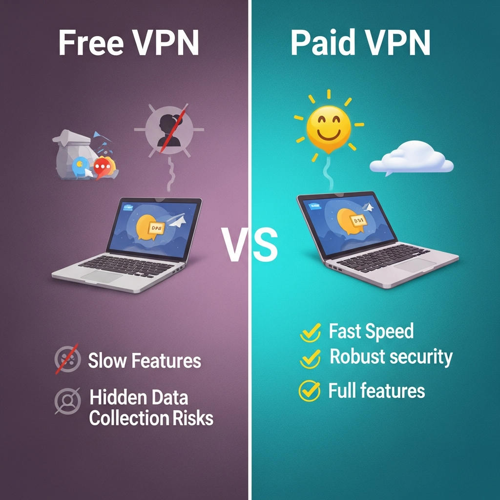 A split illustration showing the contrast between 'Free VPN' and 'Paid VPN'. On the free side, depicts limited features, slow speed, and hidden data collection risks with subtle, slightly muted colors. On the paid side, shows fast speed, robust security, and full features with bright, clear colors. Style: illustration, artistic rendering, textured background. No visible text.