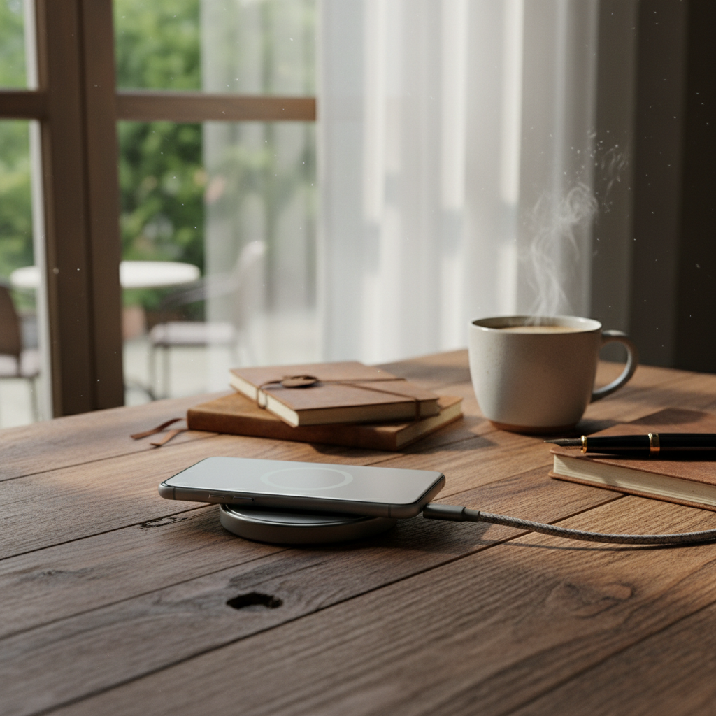 A smartphone placed on a magnetic wireless charger on a wooden desk, lifestyle setting, soft daylight through a window, rich textures, 4:3 aspect ratio, no text