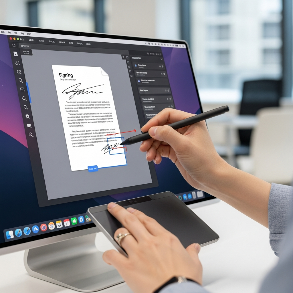 A Korean person's hand using a digital pen or trackpad to add a signature and annotations to a PDF document displayed on a Mac screen. The UI elements show English-only minimal text for signing and annotation tools. The setting is bright and professional with a contemporary office background. Vibrant, colored background, no empty margins.