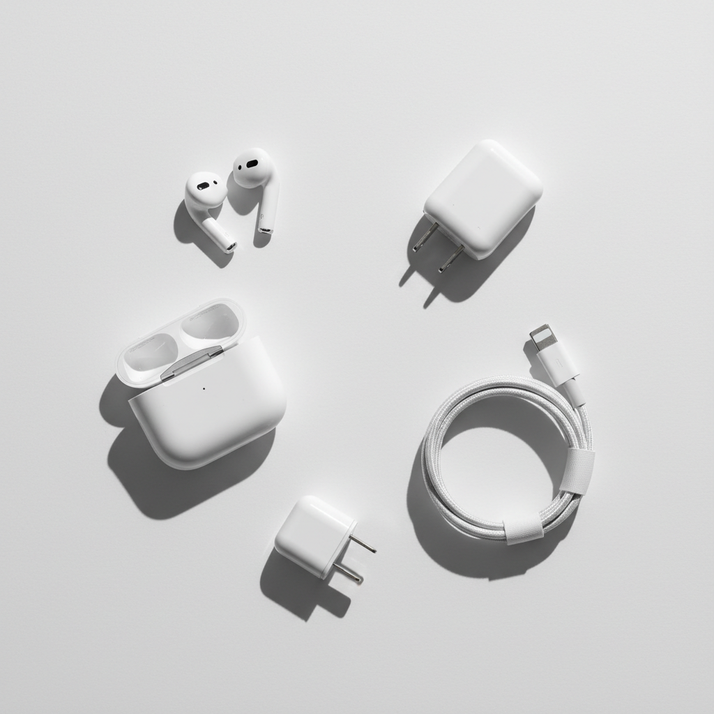 A collection of white Apple accessories including AirPods and chargers on a sleek minimalist surface, soft shadows, modern layout, no text, 4:3