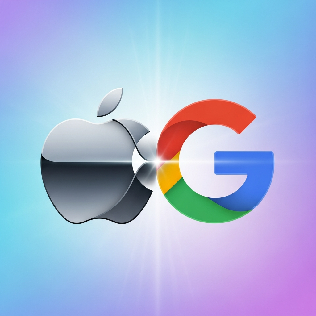 Two distinct but interlocking abstract shapes, one representing Apple (sleek, modern design) and the other Google (vibrant, fluid design), coming together to form a more powerful, integrated entity. Bright, futuristic gradient background. No visible text. Clean infographic style.