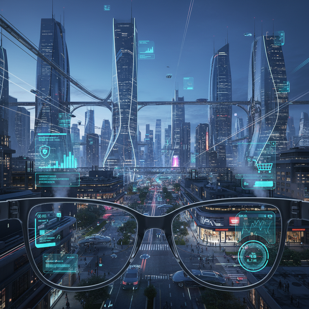 A futuristic cityscape seen through AR glasses, digital information tags on buildings and stores, high-tech interface design, evening blue hour lighting, detailed environment, no text