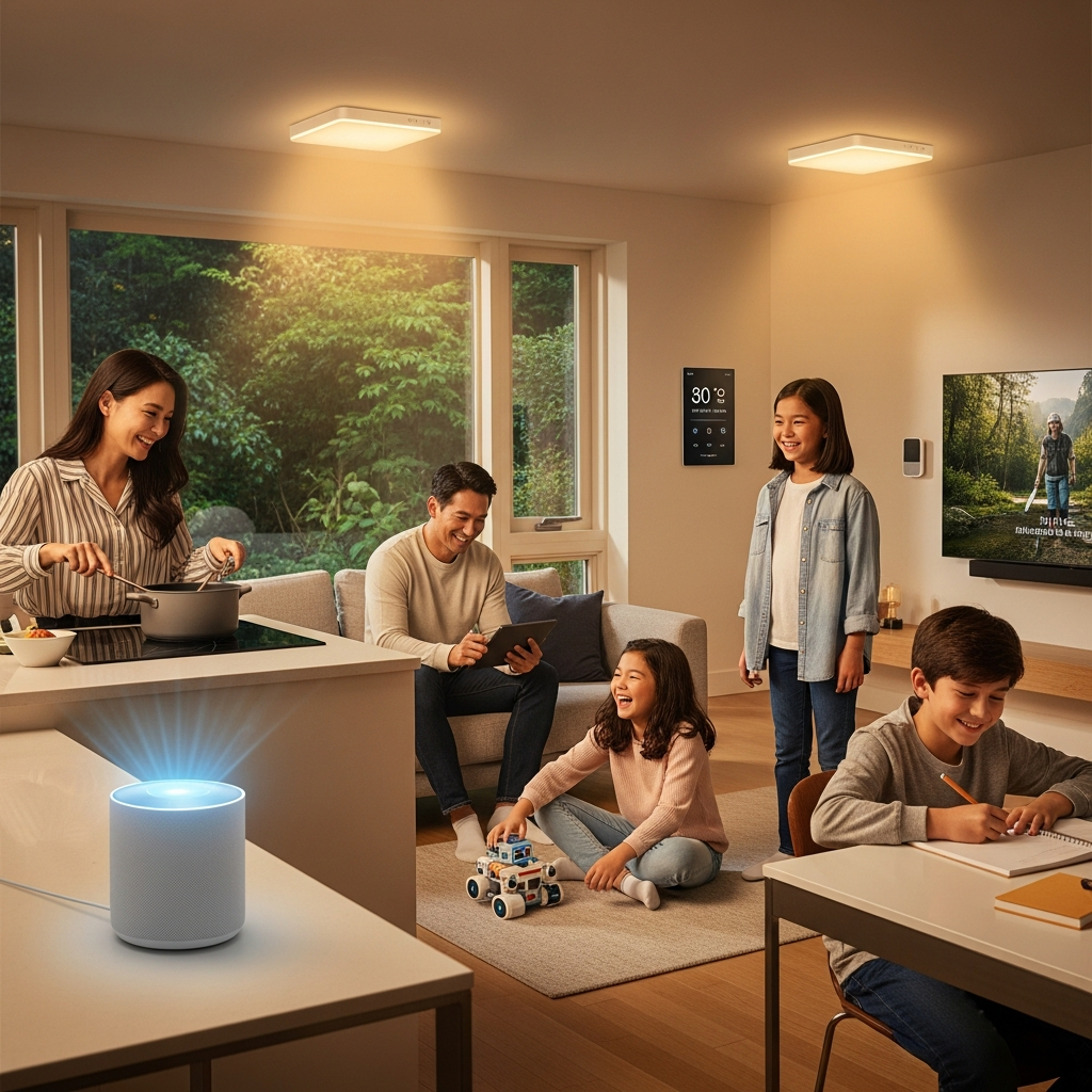 A cheerful Korean family seamlessly interacting with smart home devices using voice commands, depicting a future with improved Siri and HomePad, lifestyle photography, warm lighting, natural setting, no text.