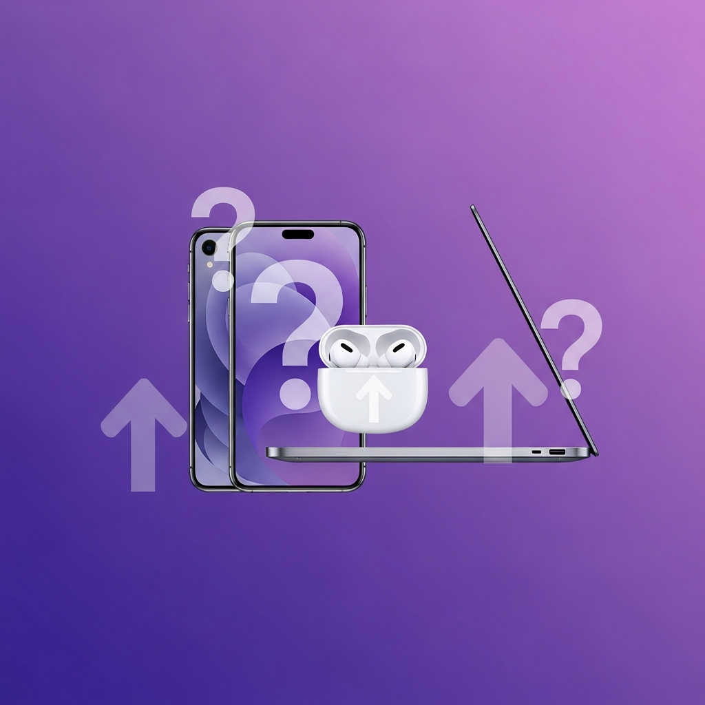 Stylized representation of future Apple products (sleek, minimalist designs) with a subtle question mark or upward arrow motif, hinting at potential price changes. Emphasize anticipation and uncertainty. Clean infographic style, modern layout, high contrast. Gradient purple background, filling the frame. Bright, balanced lighting. No visible text.