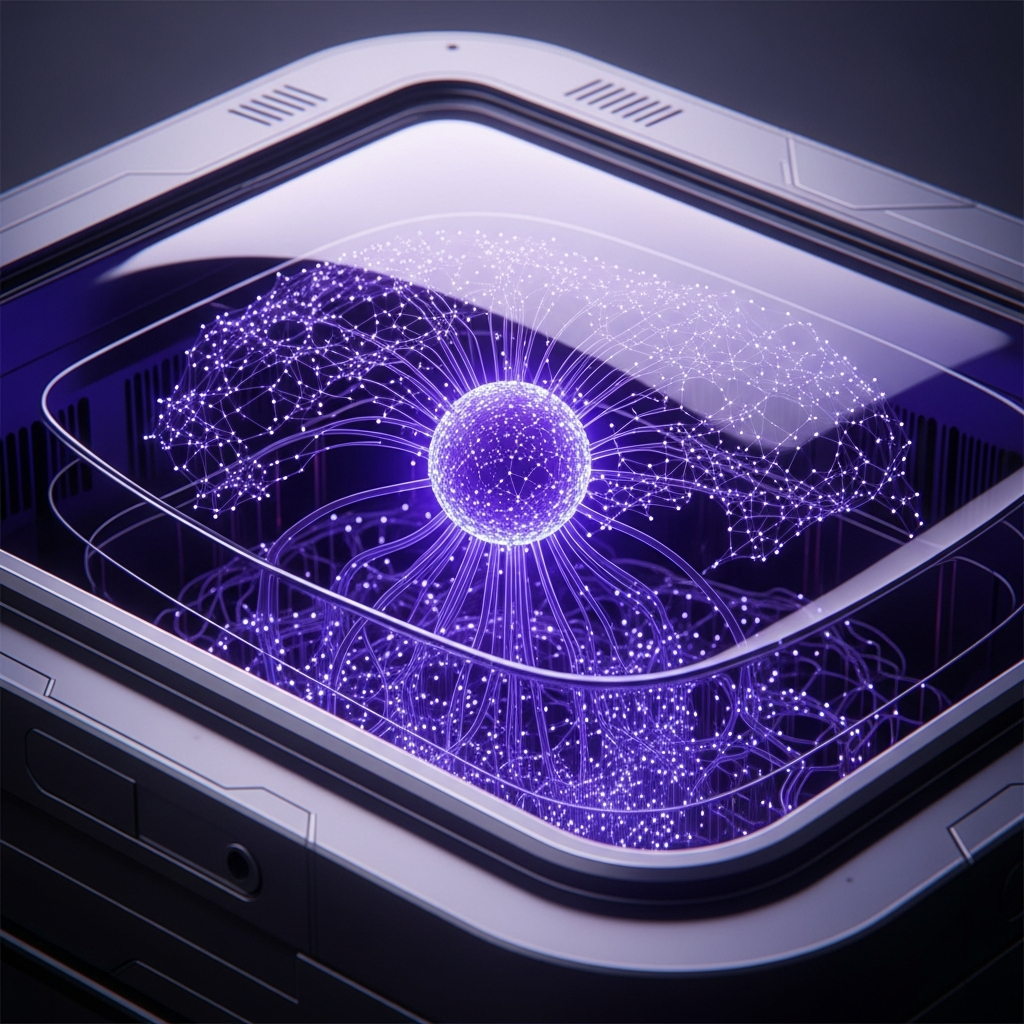 A conceptual depiction of artificial intelligence neural networks glowing inside a sleek device, futuristic tech aesthetic, deep violet and blue tones, detailed composition, no text