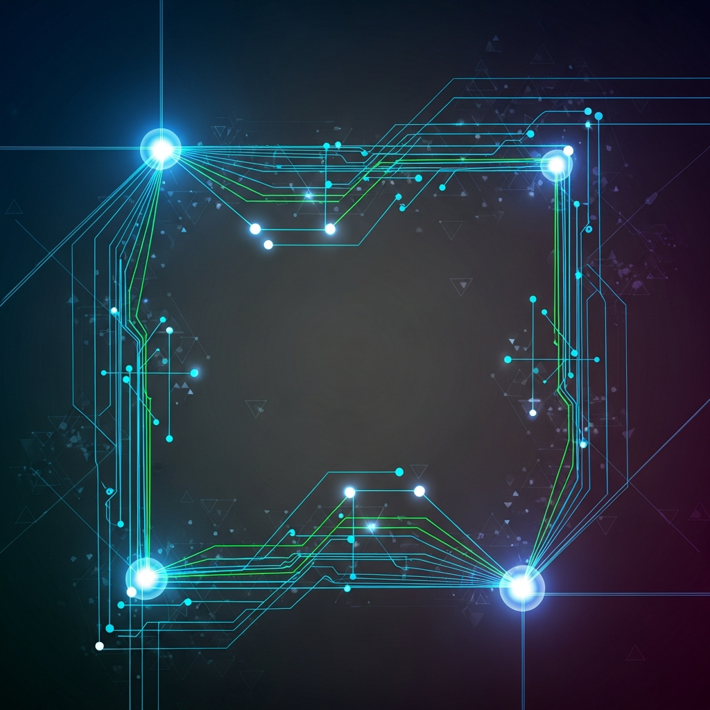 An abstract, futuristic image representing technological innovation and strategic planning, with interconnected lines and glowing elements on a dark gradient background, clean infographic style, high contrast, no text