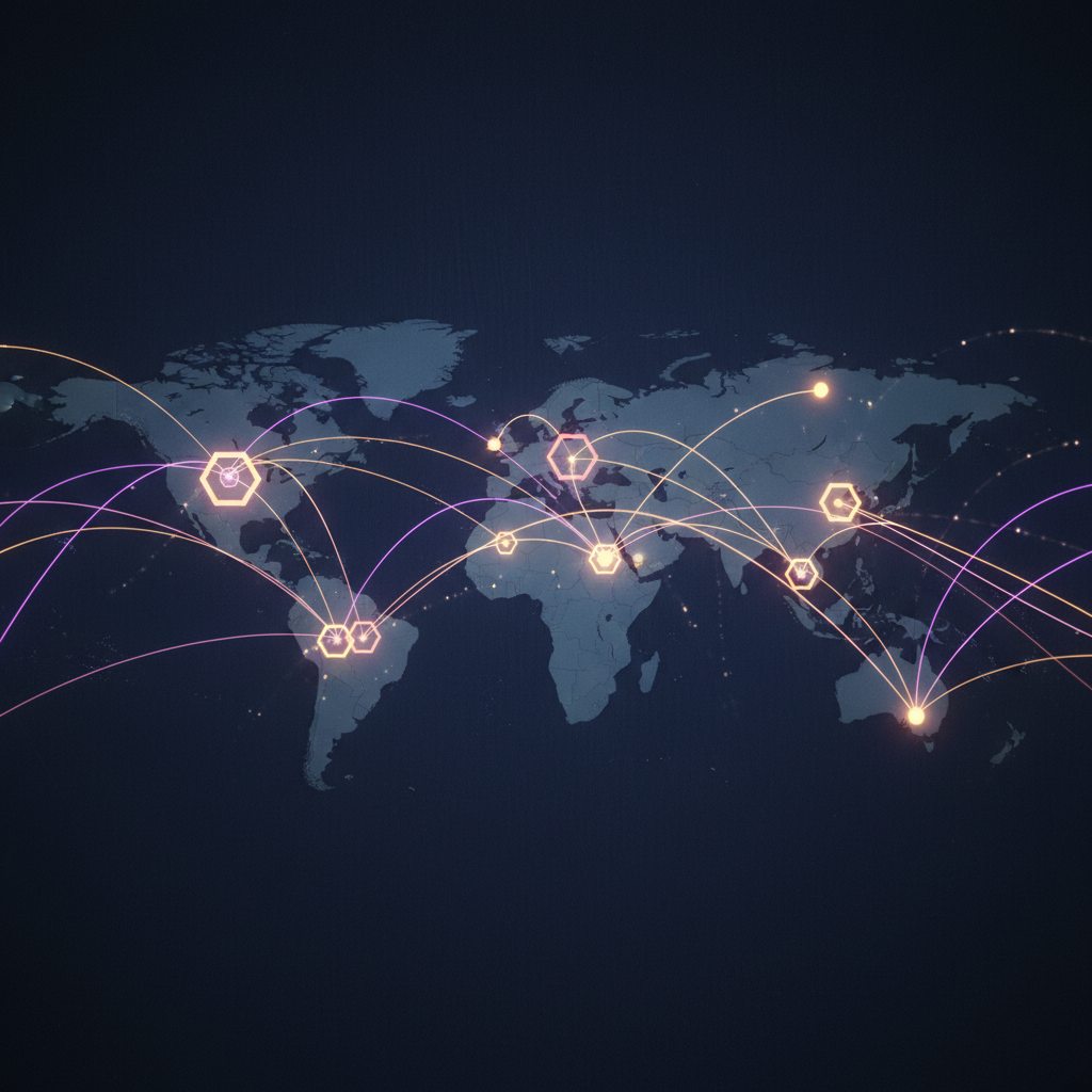 Abstract visualization of global connectivity with glowing lines and nodes over a world map, modern digital art style, vibrant violet and gold lighting, textured dark background, no text