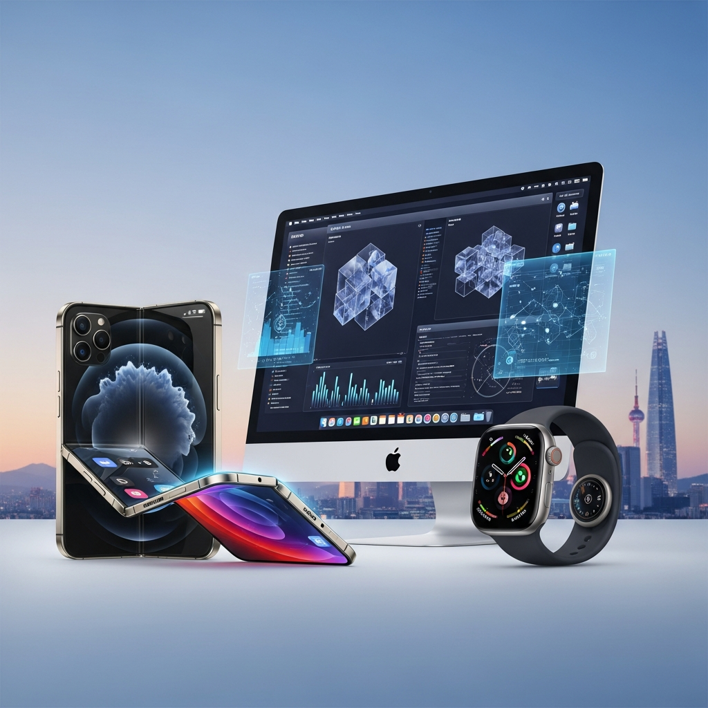 A sleek, futuristic scene showcasing various next-generation Apple products like a foldable iPhone, a powerful Mac, and an advanced Apple Watch on a minimalist, gradient background. Korean setting, no text.
