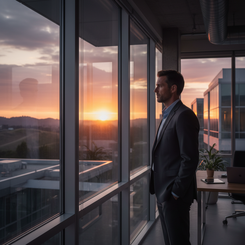A professional man in a tech office looking out through a large window at a Silicon Valley sunset, reflective mood, soft lighting, modern glass architecture, no text