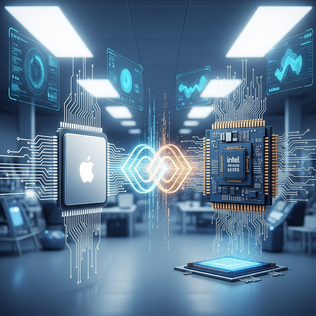 A conceptual illustration showing two distinct but interconnected chip architectures, representing Apple's design and Intel's manufacturing capabilities, merging or collaborating in a clean, futuristic lab environment. Bright, balanced lighting, with a sense of innovation and partnership. No text. Clean infographic, modern layout, high contrast.