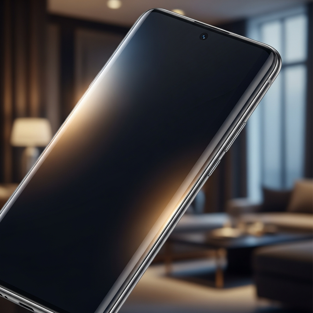 A futuristic smartphone with curved glass edges reflecting soft ambient light, elegant metallic frame, sophisticated design concept, high-end lifestyle background, no text