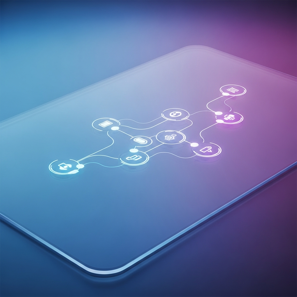 A sleek modern smartphone roadmap visualization on a futuristic glass surface, glowing Apple-style aesthetics, soft blue and purple gradient background, high-tech atmosphere, no text