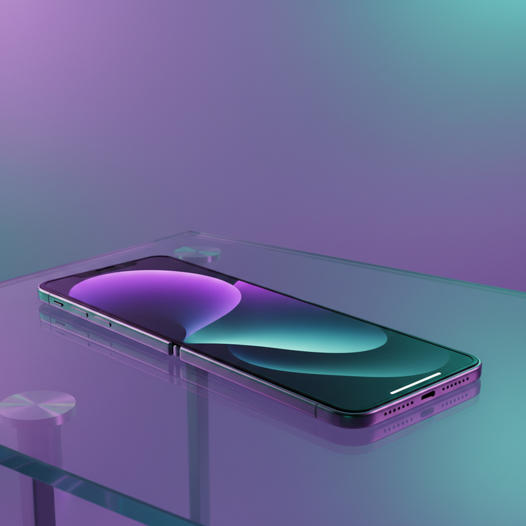 Futuristic foldable iPhone lying on a glass table, cinematic lighting, purple and teal gradient background, high-end lifestyle aesthetic, no text