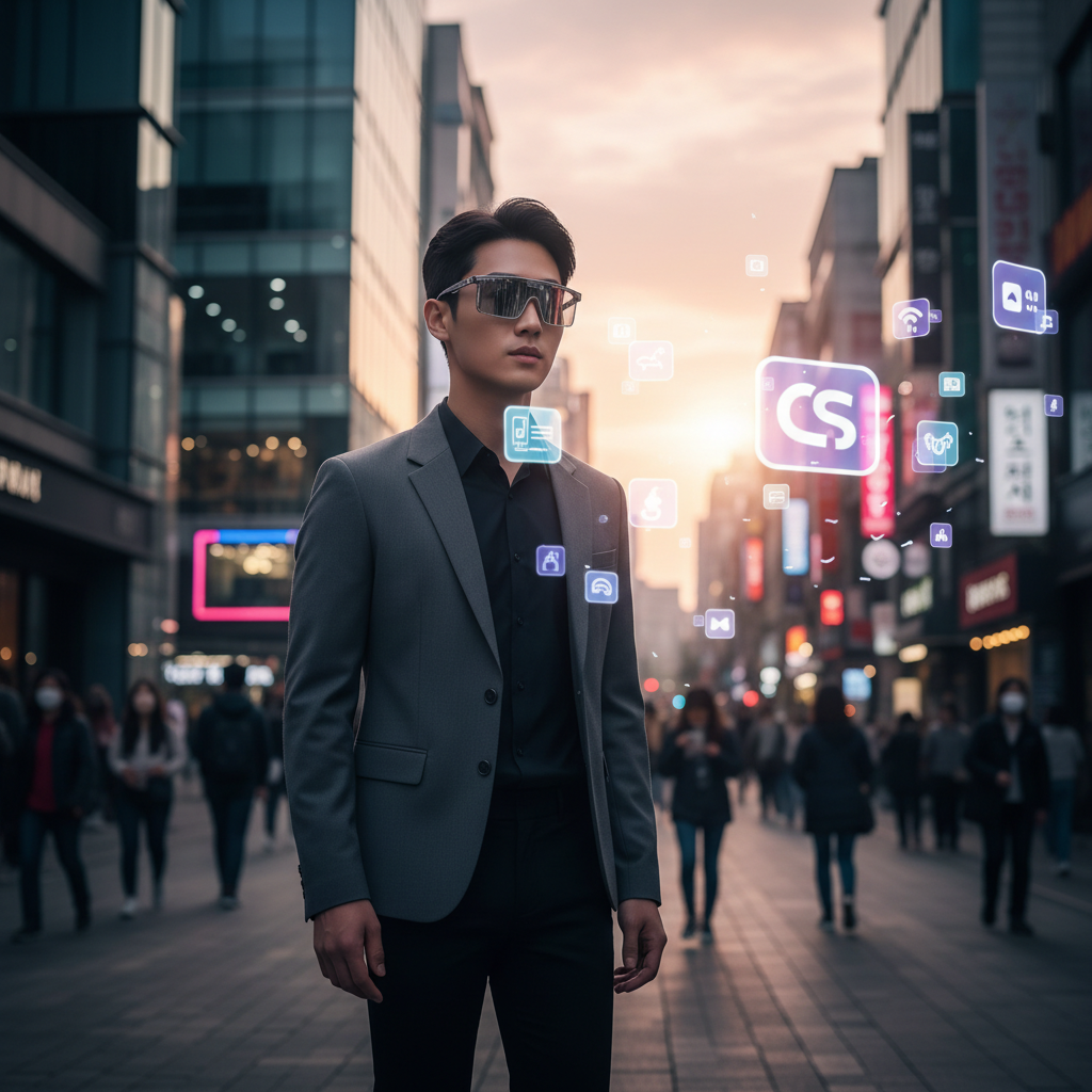 A stylish young Korean man wearing sleek, modern augmented reality glasses, looking at digital holographic icons floating in the air, urban street background, soft sunset lighting, lifestyle photography, high contrast, no text