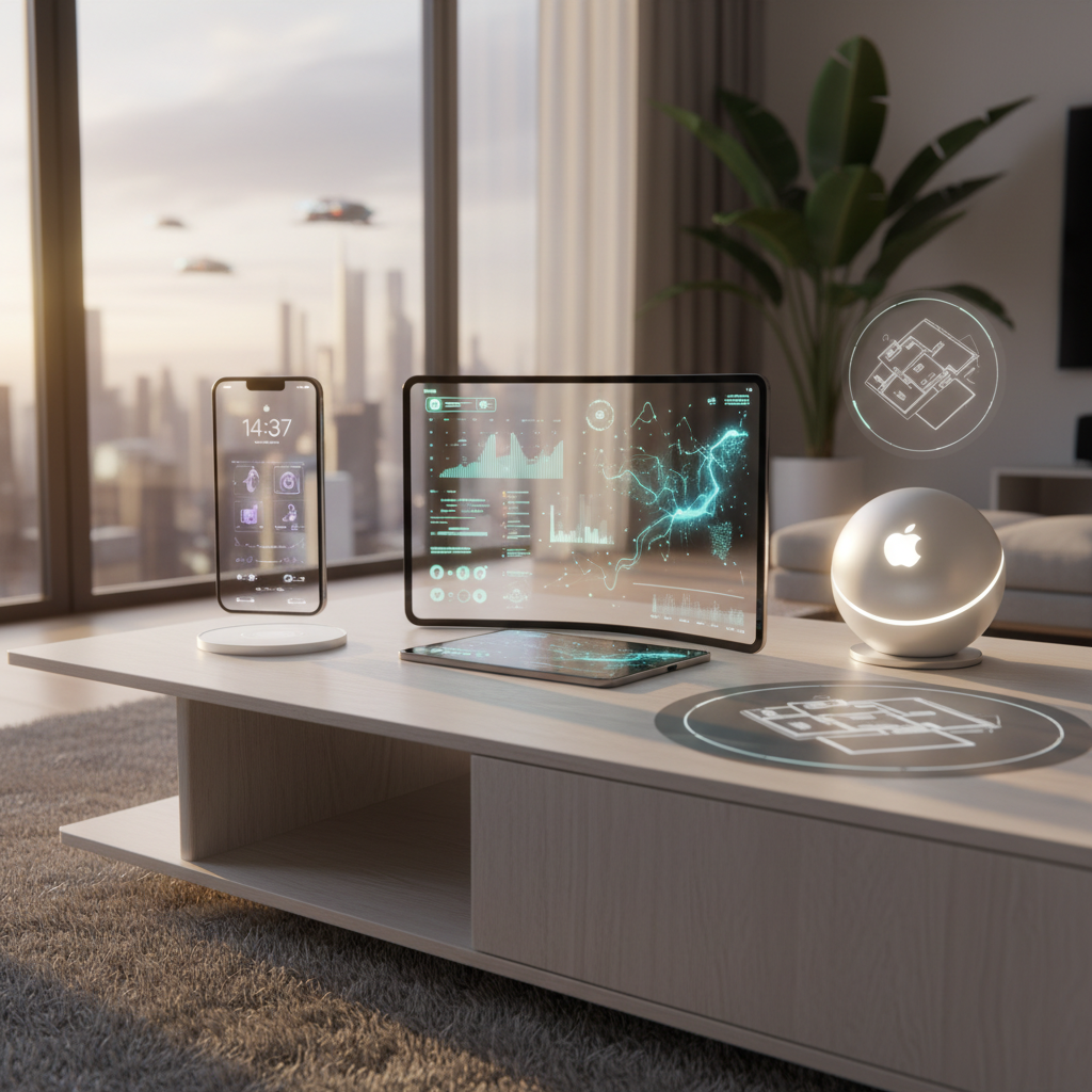 A collection of futuristic Apple devices including a tablet, a phone, and a smart home hub, clean modern interior setting, warm afternoon sunlight, high-quality 3D render, no text