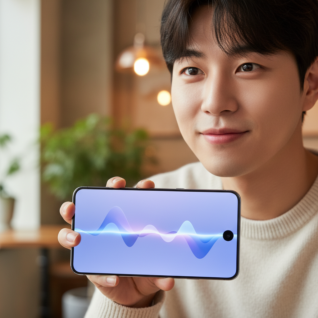A person holding a smartphone with a full edge-to-edge display, invisible front camera technology, glowing screen, soft bokeh background, lifestyle photography, natural lighting, Korean male appearance, no text