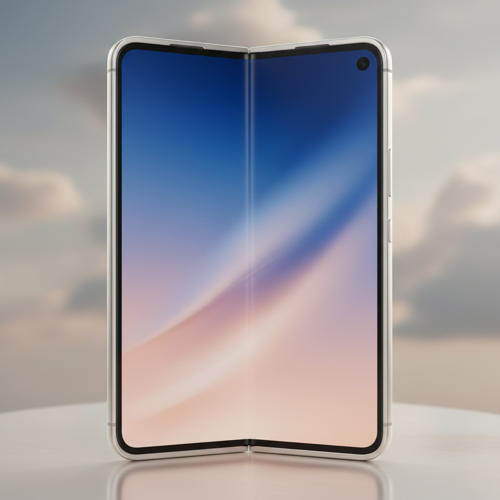 A sleek and thin foldable smartphone in a premium metallic finish, 4:3 display ratio, soft gradient background, high-end product photography style, no text
