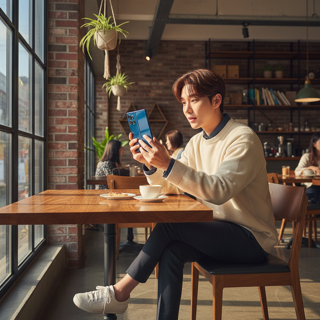 A stylish Korean person looking at a sleek foldable smartphone with curiosity, modern urban cafe interior, warm afternoon sunlight, lifestyle photography, natural expressions, no text