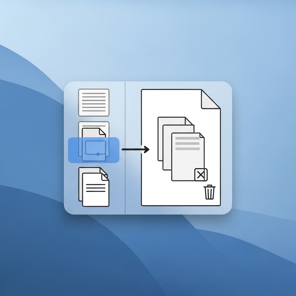 A modern infographic showing a user reordering and deleting pages within a PDF document using the Preview app's sidebar on a Mac. Clean design, high contrast, gradient background, no text elements.