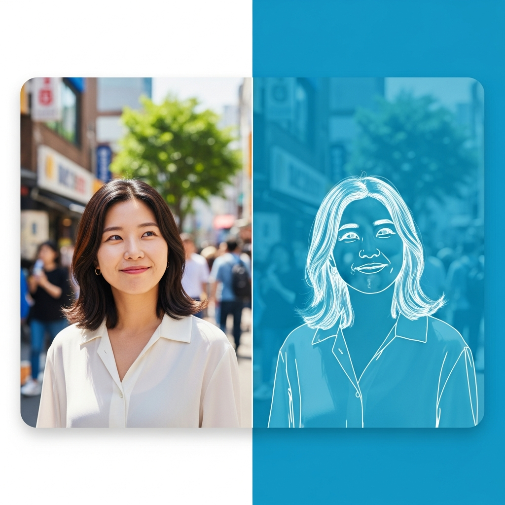 A clean infographic illustrating the automatic background removal feature in Preview app. A Korean woman's portrait before and after background removal, showing a smooth transition. Modern layout, vibrant colored background, no text.