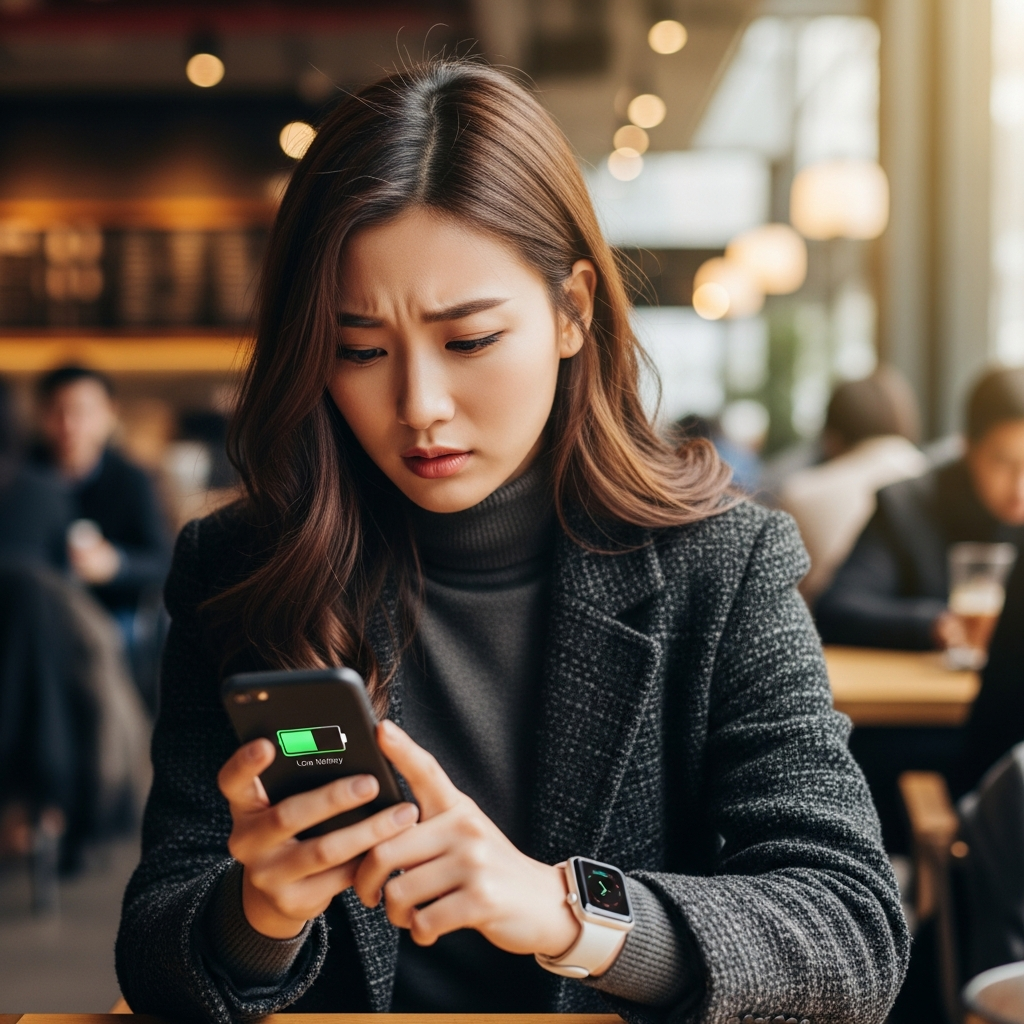Lifestyle photography. A person looking worriedly at their smartphone and Apple Watch with low battery indicators, in a bustling urban cafe. The background is slightly blurred with warm, natural lighting. Korean appearance, natural expression. No visible text.