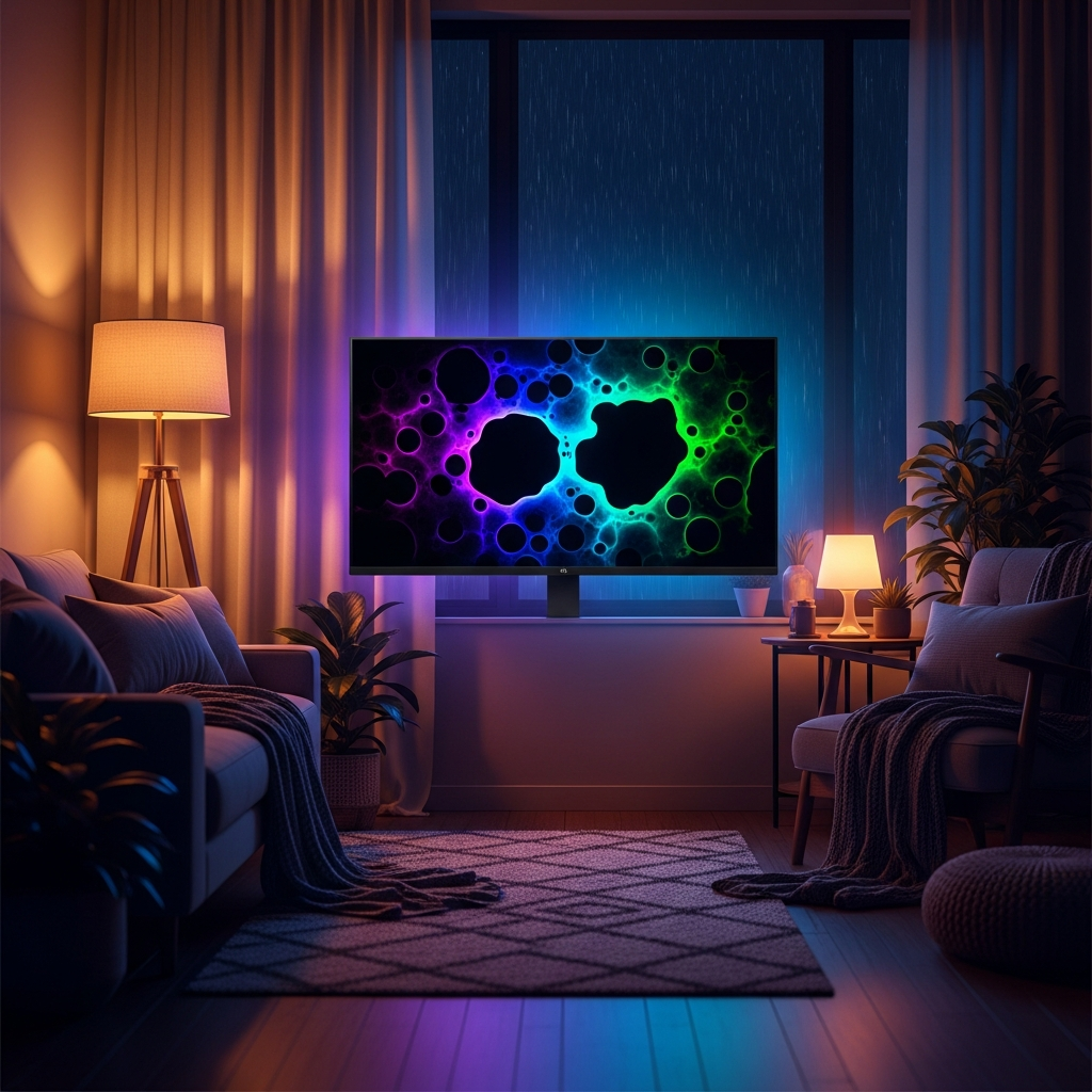 A cozy living room at night where a 24-inch computer screen illuminates the space with vivid colors, deep black levels visible on screen, warm ambient lighting, peaceful mood, no text