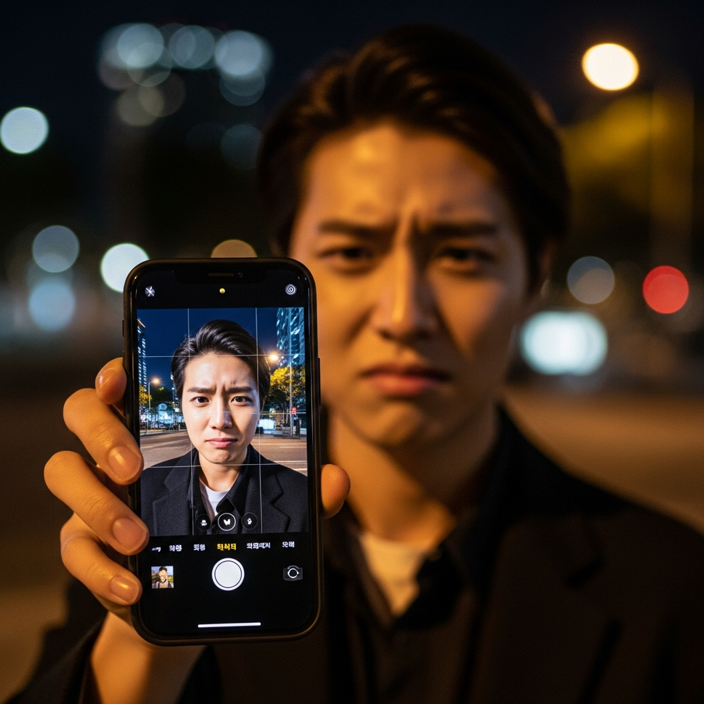 Lifestyle photography of a Korean person attempting to take a portrait photo with an iPhone 17 Pro at night. The phone screen shows a camera interface with some options missing. Emphasize a slightly confused or frustrated expression. Warm, balanced lighting in an urban night setting with subtle bokeh in the background. No text, clean, high contrast.
