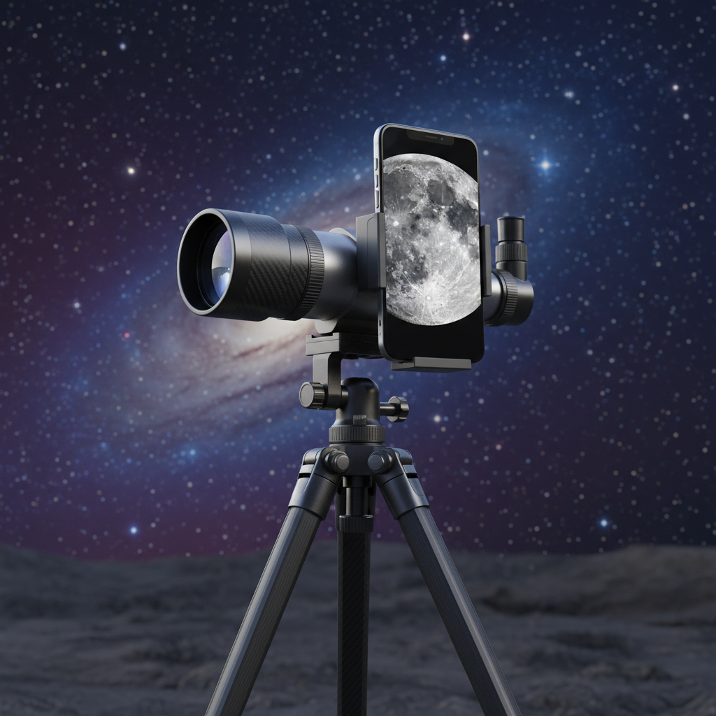 A sleek Hestia smartphone telescope mounted on a tripod under a starry night sky, a smartphone screen showing a clear image of the moon, cinematic lighting, purple and deep blue galaxy background, no text