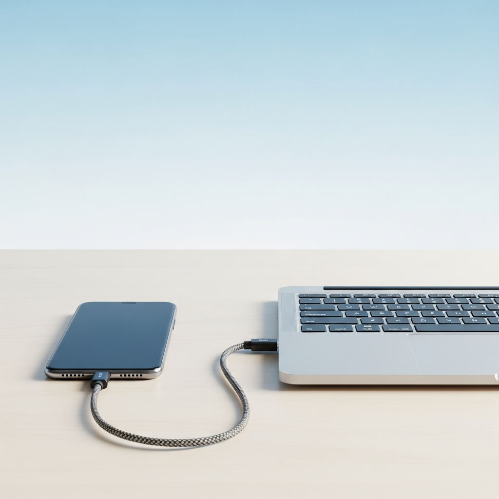 A smartphone connected to a sleek laptop on a desk, clean composition, gradient background, tech lifestyle, no text