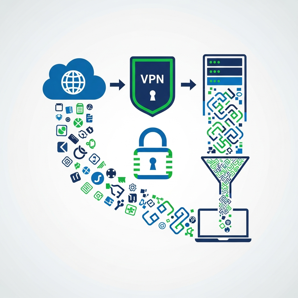 Illustration of a secure internet connection funneling through a VPN server, protecting data. Style: clean infographic with high contrast. Focus on data encryption and anonymity. No visible text.