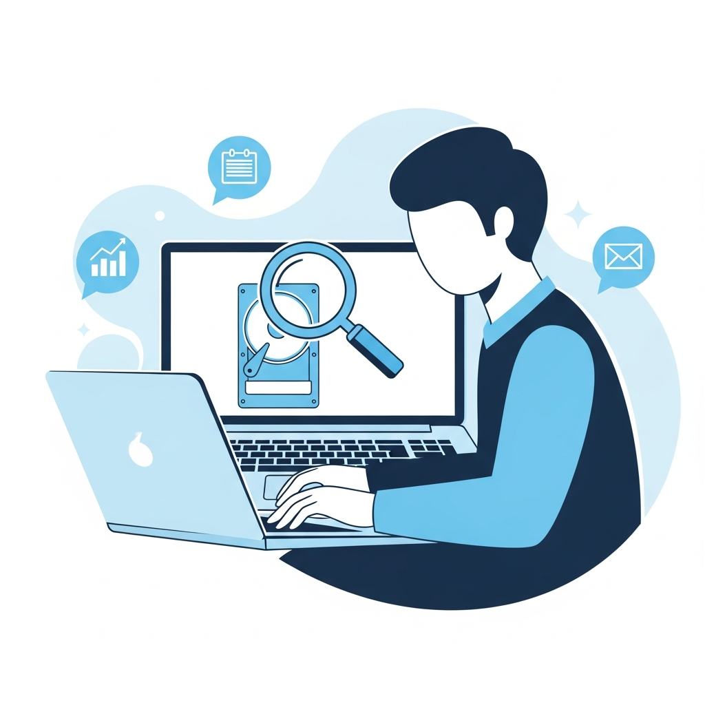 A clean infographic showing a person using a laptop with a search glass icon over a hard drive, high contrast, modern layout, light blue and white theme, no text