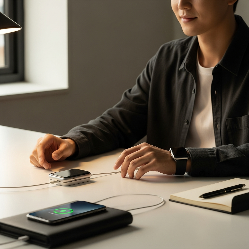 Lifestyle photography. A person in a modern office setting is effortlessly charging their Apple Watch and smartphone with a compact, cable-free 2-in-1 charger. The desk is clean and uncluttered. Warm, natural lighting. Korean appearance, natural expression. No visible text.
