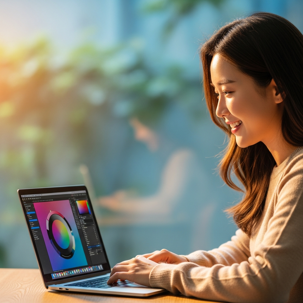 A Korean user happily working on a smoothly running MacBook, lifestyle photography, warm lighting, natural setting, colored background, no text
