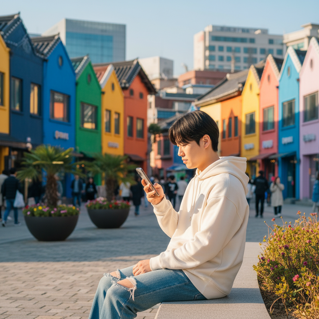 A young Korean person using an iPhone in a vibrant city background with colorful buildings, sunny day, lifestyle photography, warm lighting, rich colored background, no text