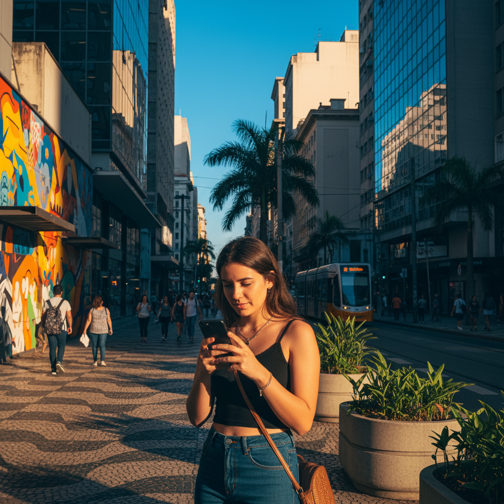 A person using an iPhone in a vibrant and modern Brazilian city street, sunny day, warm lighting, lifestyle photography, high contrast, 4:3