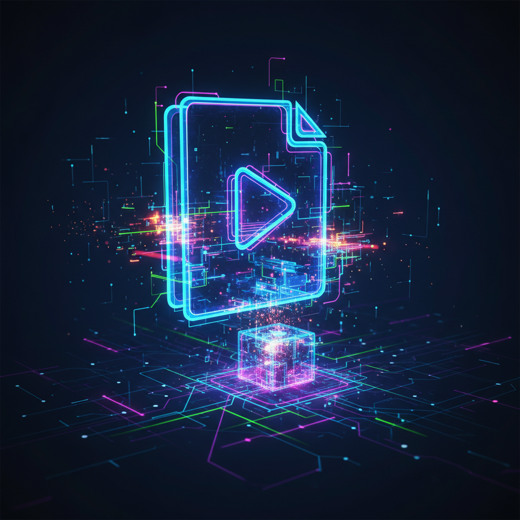 A creative representation of a large video file shrinking into a smaller one, high-tech neon accents, dark gradient background, modern digital art style, no text