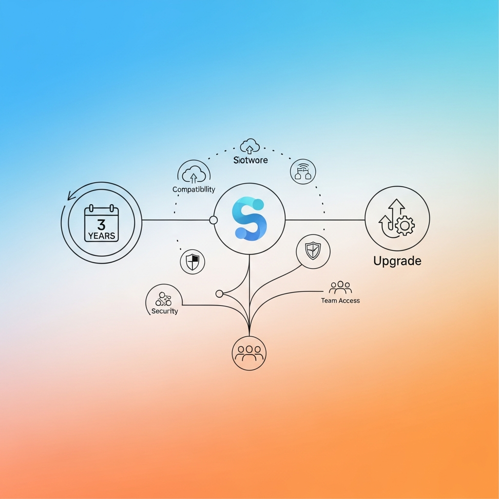A conceptual infographic illustrating a flexible software licensing model. Show icons representing different license durations (e.g., 3 years) and upgrade benefits. Use a modern, clean style with a gradient background and bright, balanced lighting. No visible text.