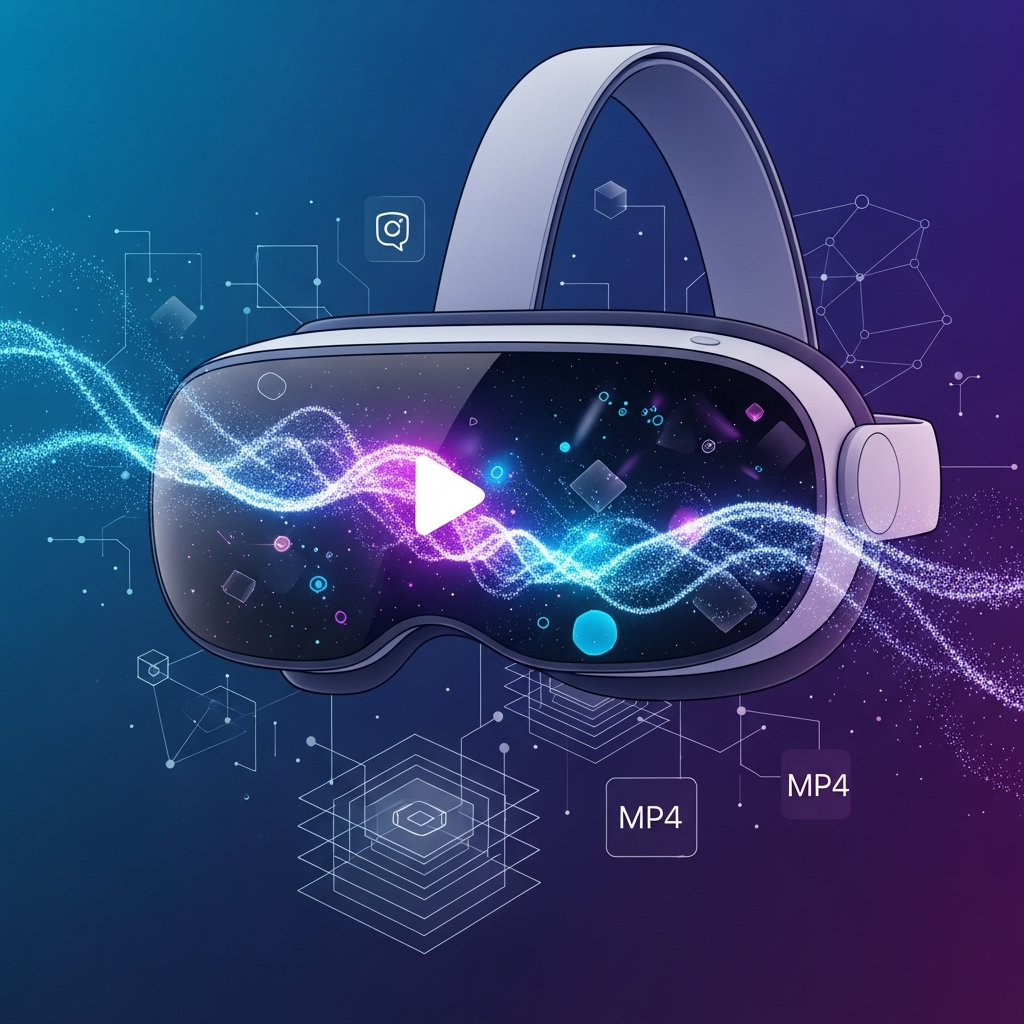 A futuristic illustration featuring Apple Vision Pro displaying an immersive video, with abstract elements subtly hinting at the underlying QuickTime container format and MP4 standards. Clean infographic, modern layout, high contrast. No text. Colored background, minimal empty space.