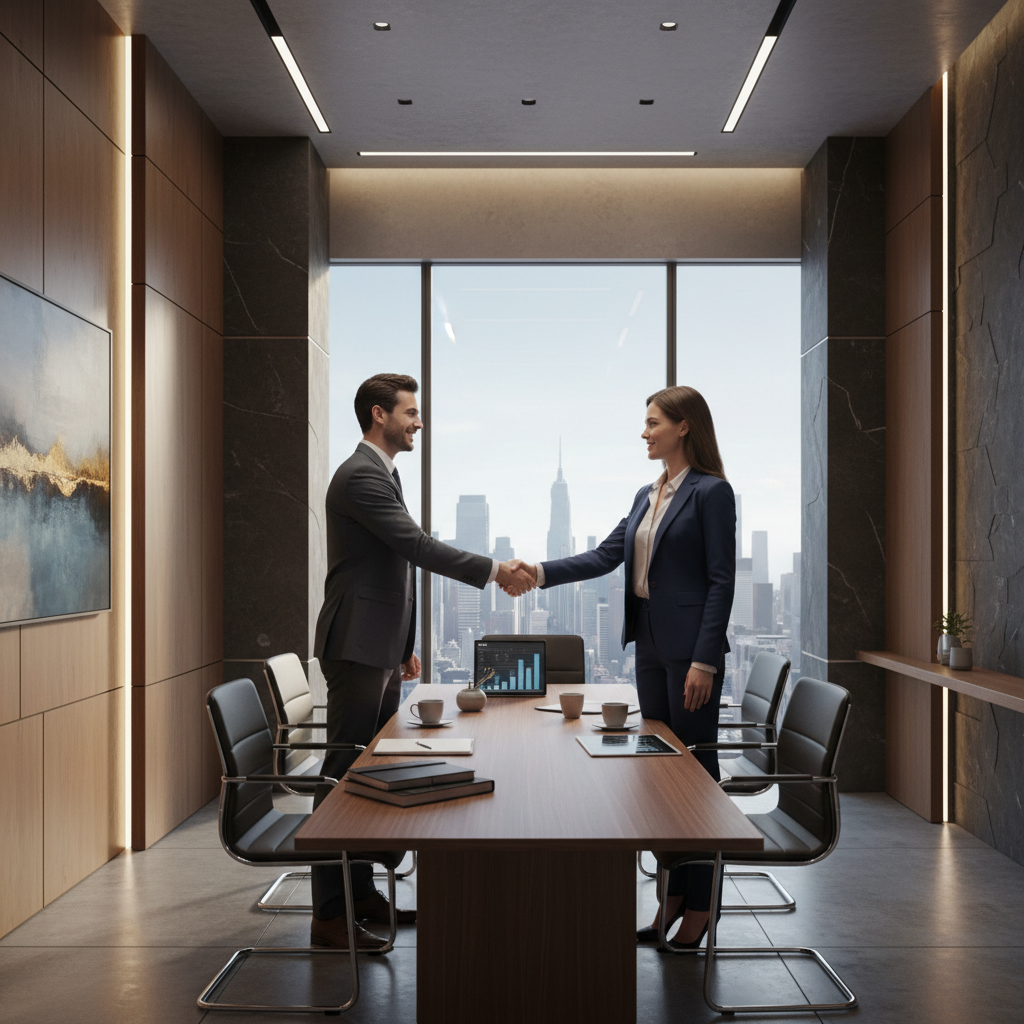 Two professional business people shaking hands in a high-end boardroom, modern corporate setting, rich textures, balanced lighting, aspect ratio 4:3, no text