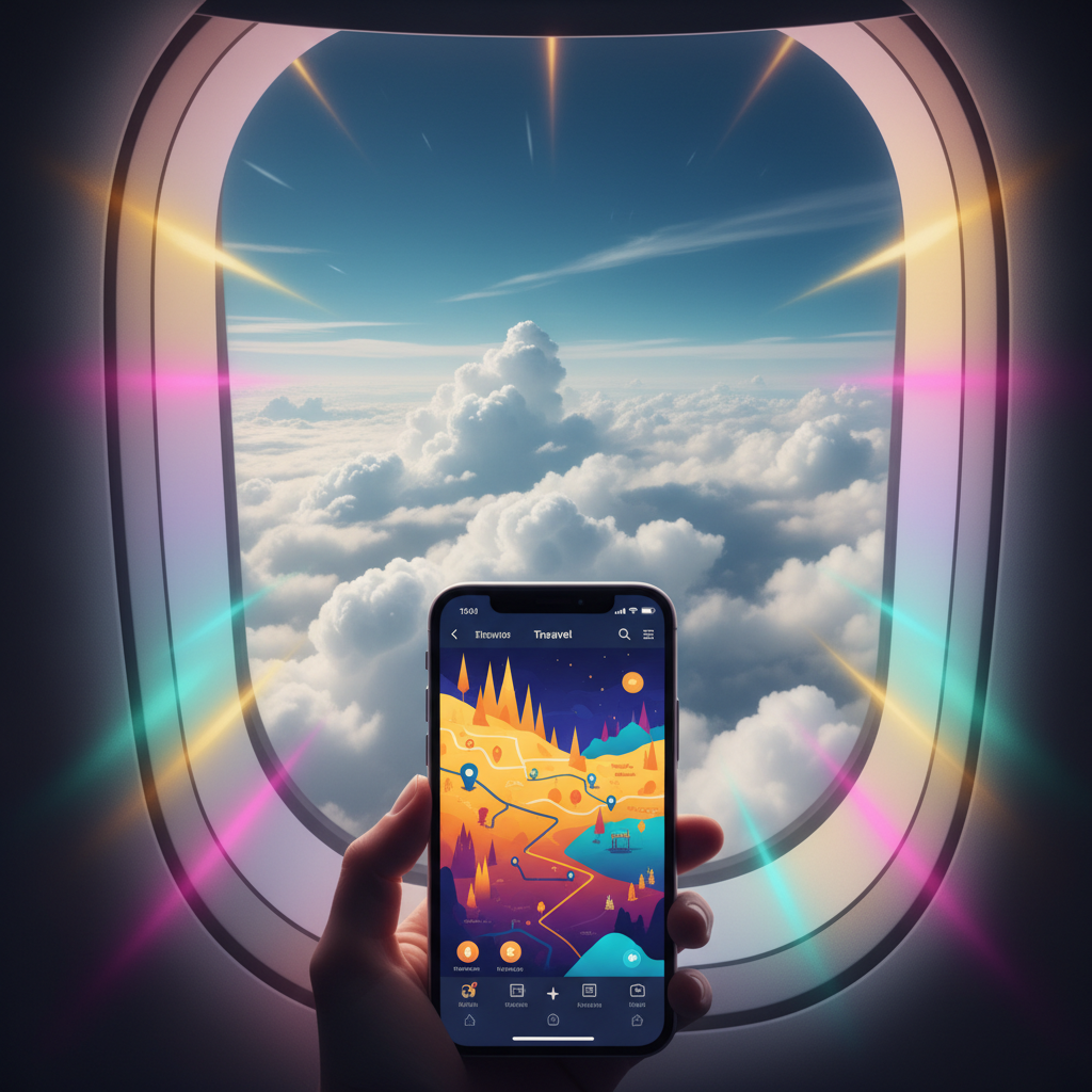 Looking through an airplane window at fluffy clouds and blue sky, an iPhone held in the foreground showing a travel app, colorful lighting, no text