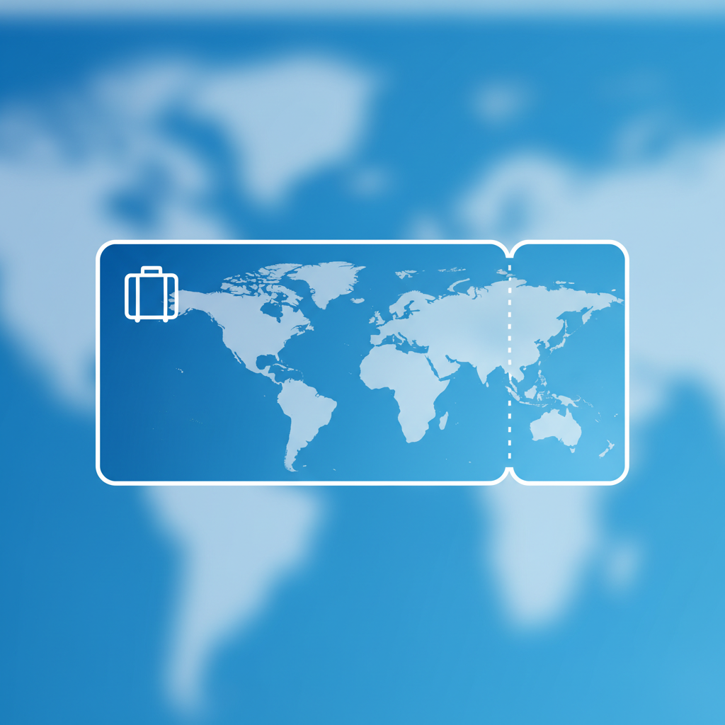 A conceptual image showing a digital flight boarding pass integrated with a world map and a luggage icon, clean infographic style, vibrant blue and white theme, no text