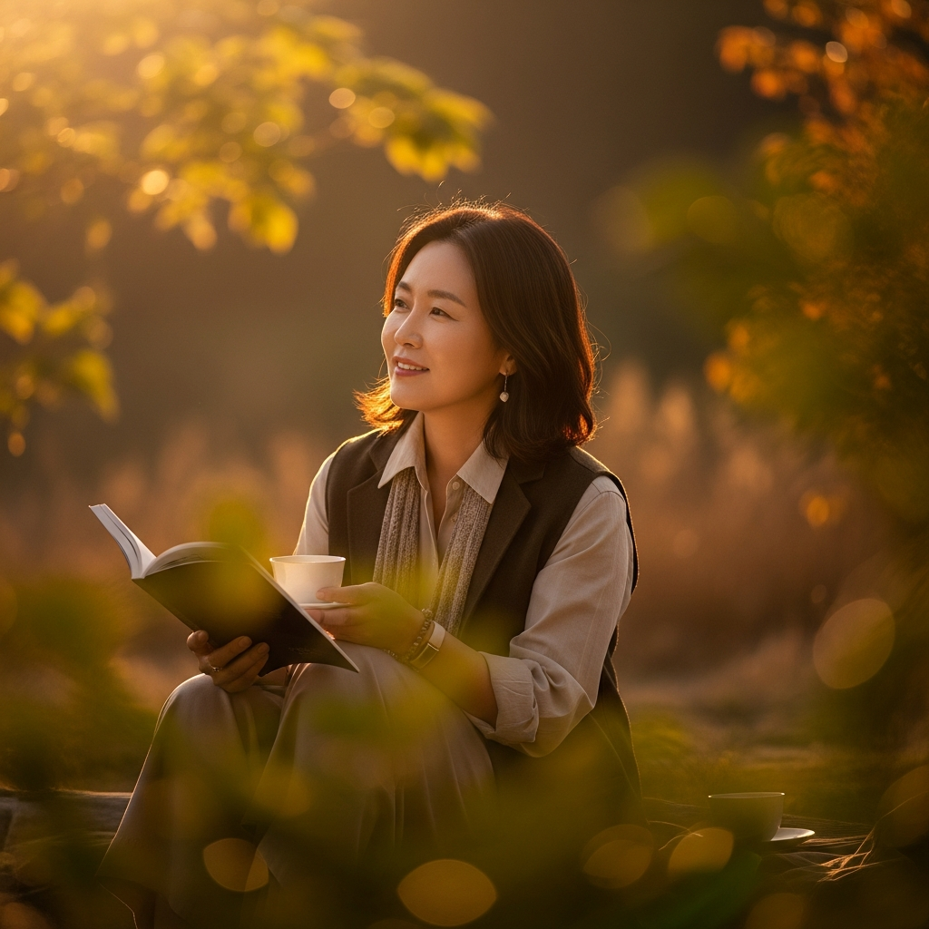 lifestyle photography, warm lighting, natural setting, Korean appearance, no visible text in image, colored background