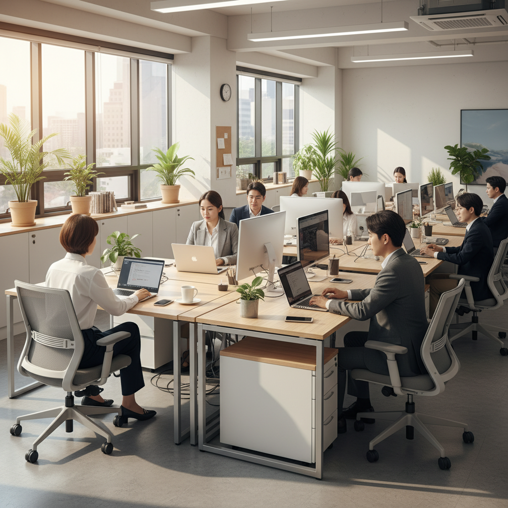 A modern office interior where professionals are using MacBooks, clean aesthetic, high-end workstations, warm natural lighting, Korean employees, professional atmosphere, no text